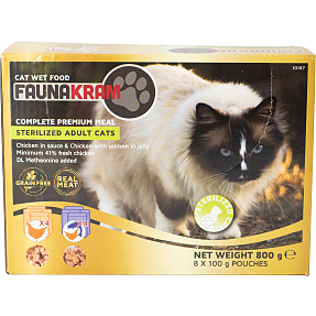 Vådfoder m. kylling i sovs og kylling/laks i gelé steriliseret