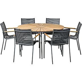 Kerteminde teak bord Ø130 cm, antracit stel med 6 Mood compact stole - sort