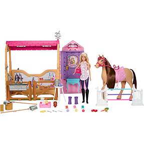 Barbie hestestald legetøjssæt med dukke og hest