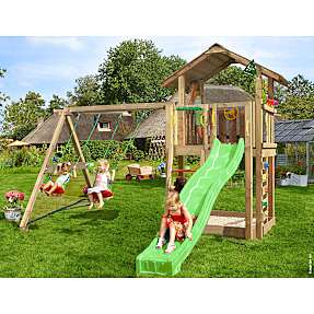Jungle Gym Chalet 2.1 legetårn komplet inkl. gyngemodul og 120 kg sand + grøn rutsjebane