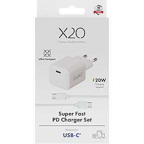 X2O 20W hjemmeladersæt USB-C med 1,2 m kabel GaN - Hvid