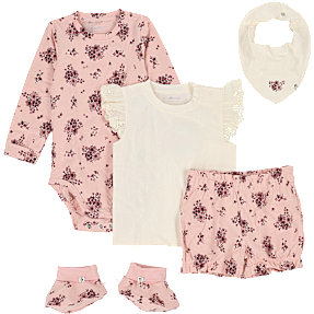 Tiny One 5-dele med T-shirt, body, shorts, savlesmæk og futter str. 68 - rosa