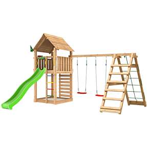 Jungle Gym Cabin 2.1 legetårn inkl. klatremodul, rutsjebane og 120 kg sand