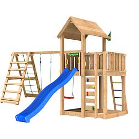 Jungle Gym Mansion 2.1 legetårn inkl. Climb Module og blå rutsjebane