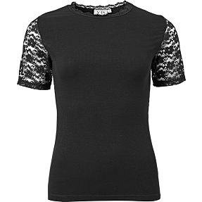 VRS dame rib T-shirt med blondeærmer str. S - sort