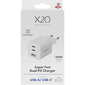 X2O 65W tredobbelt hjemmelader USB-C/C/A GaN - Hvid
