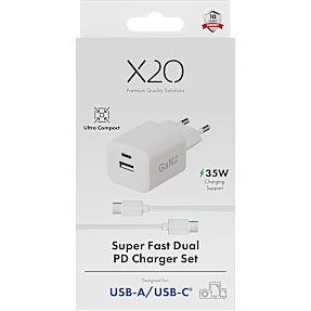 X2O 35W dobbelt hjemmeladersæt USB-C/A med 1,2 m kabel GaN - Hvid