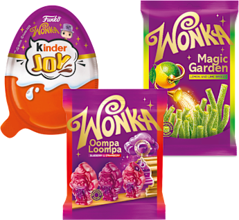 Wonka, kinder Joy, gefüllte Fruchtgummis oder Magic Garden Gummischnüre