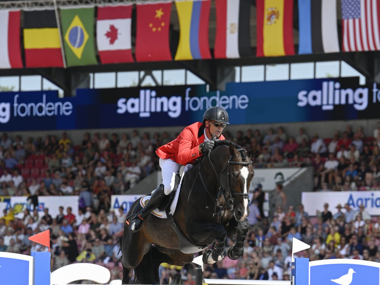 vm dressur herning hest og rytter springer med salling fondene i baggrunden