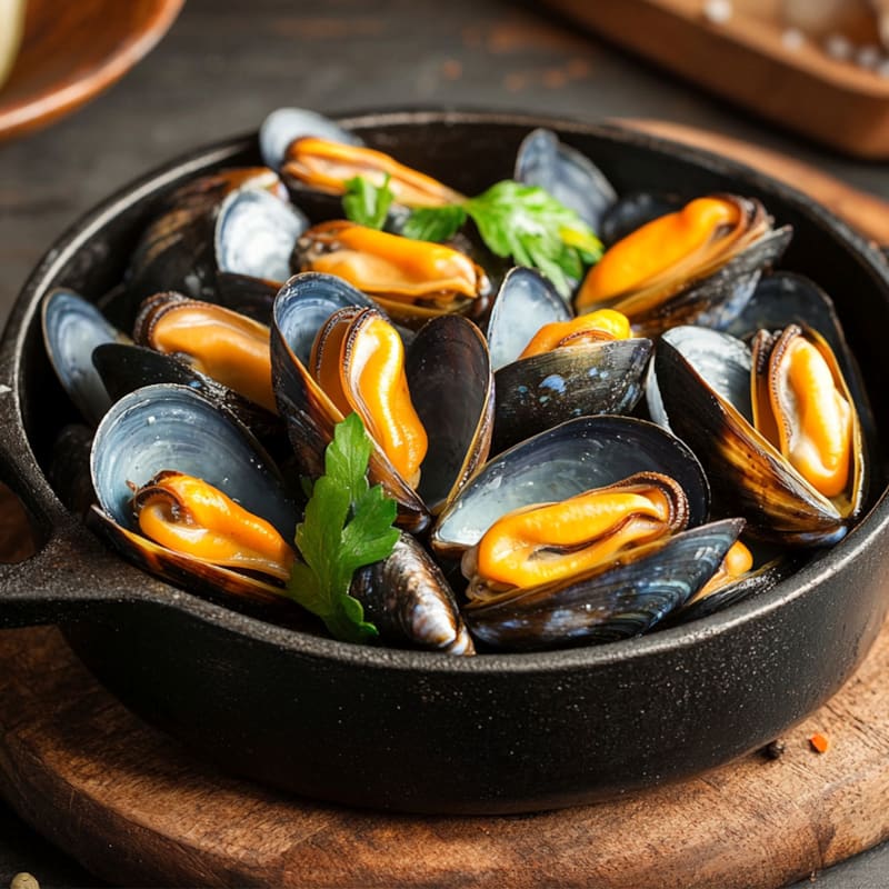 Dampede blåmuslinger i skål med grønt