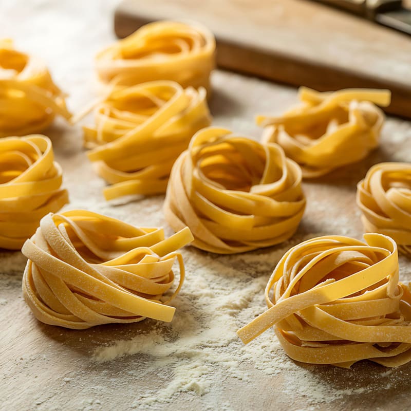 Små reder af tørret fettuccine pasta på bord