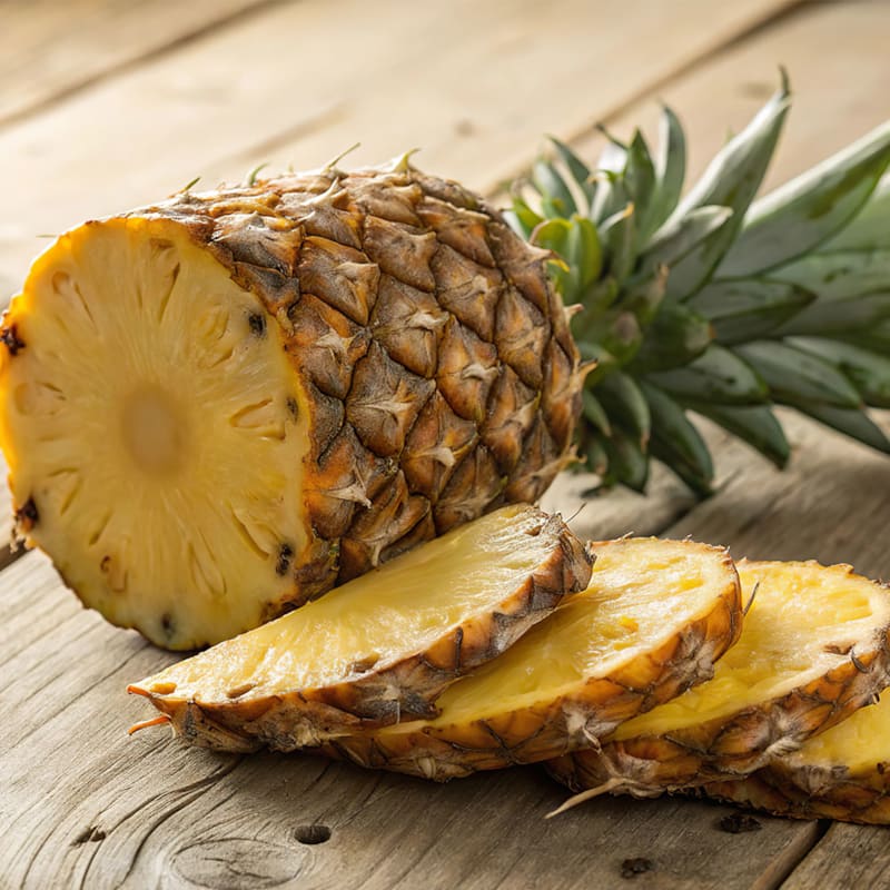 Hel ananas og ananas i skiver på bord