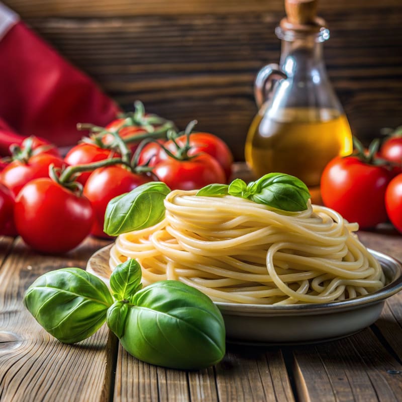Spaghetti i skål med olivenolie, friske tomater og friske basilikumsblade