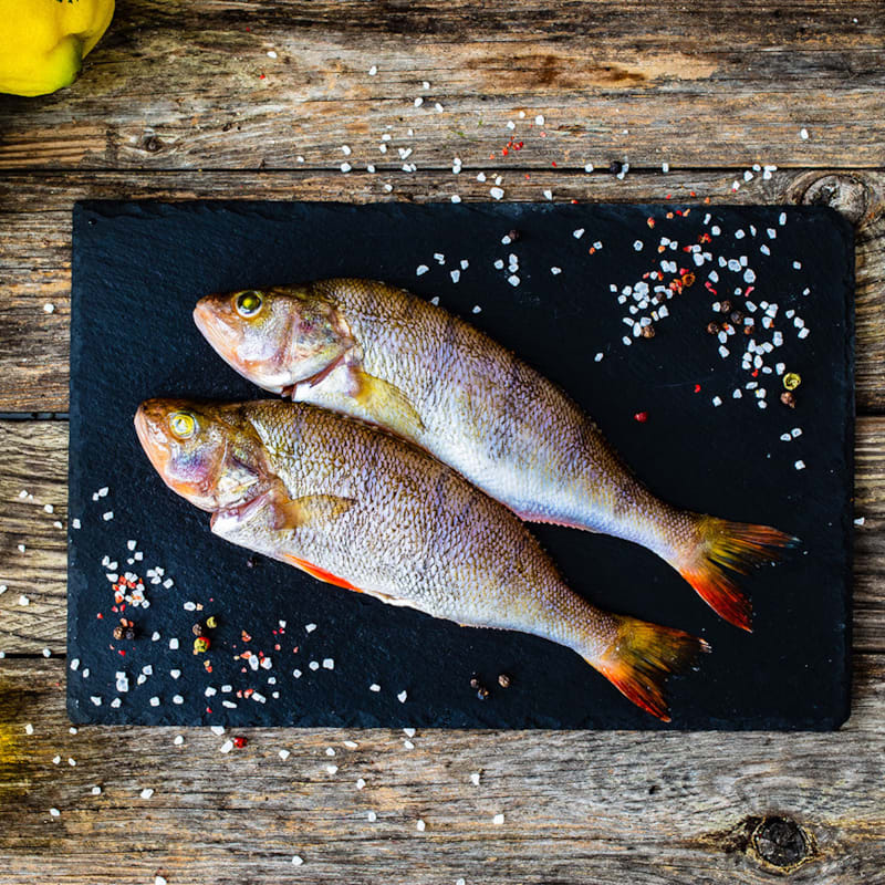 To stk. rå aborre fisk på skærebræt