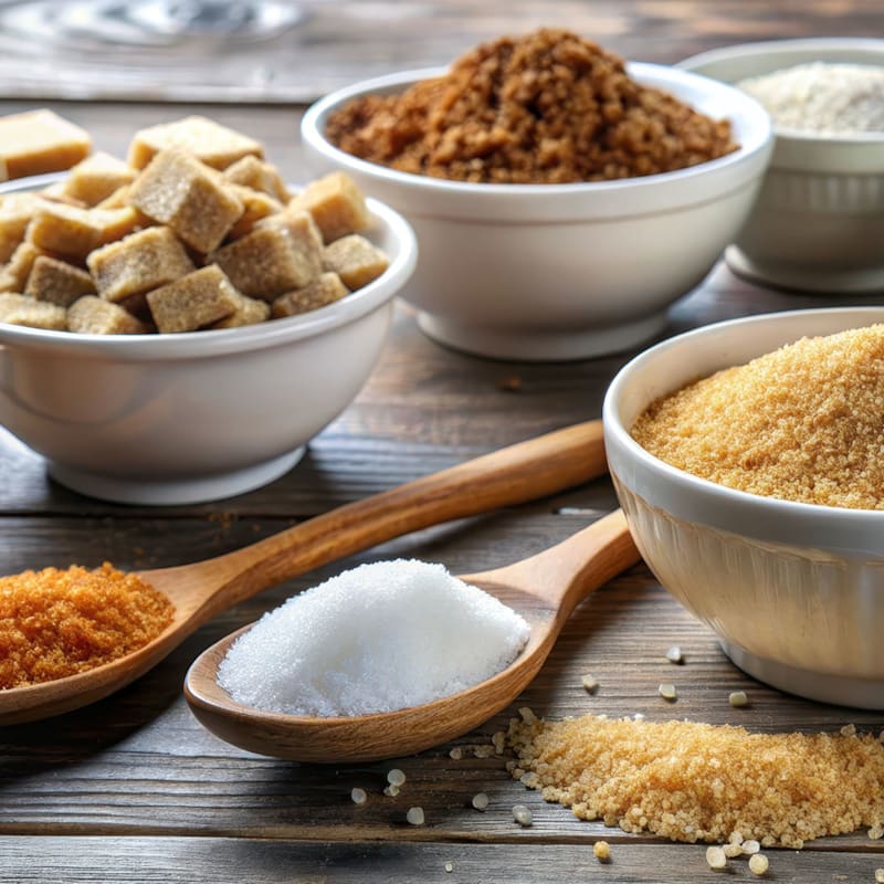 Forskellige sukkerarter; sukker, rørsukker, sukkerknald, brun farin