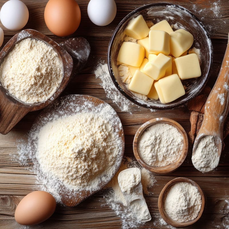 Forskellige bage ingredienser; mel, smør, æg, sukker