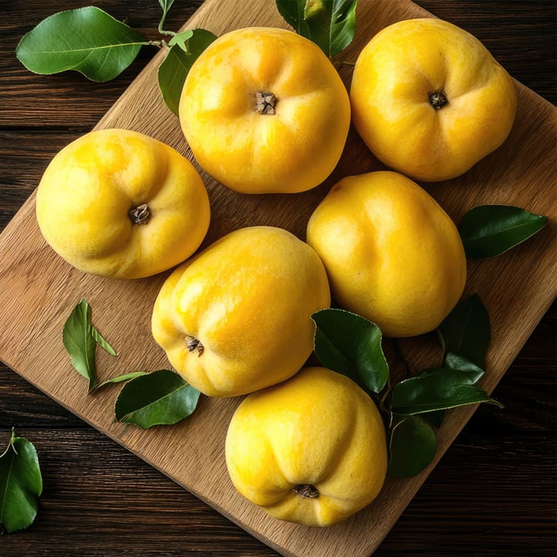 Friske gule kvæder på skærebræt