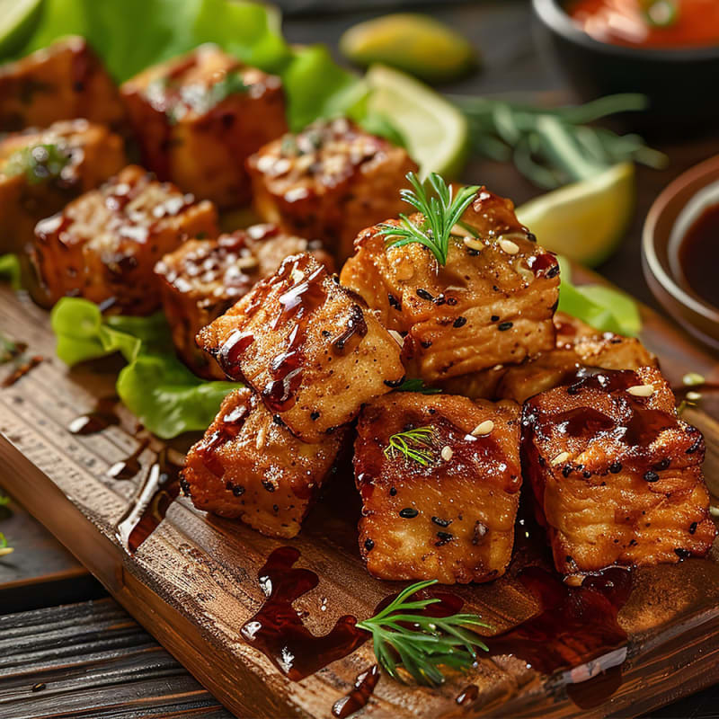 Stegt seitan på skærebræt