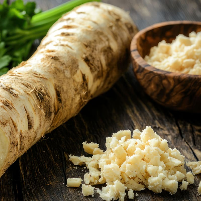 Hel og revet peberrod på bord