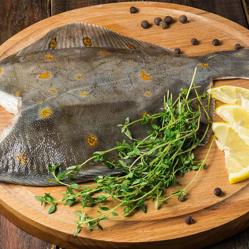 Frisk rødspætte på skærebræt med krydderurter og citron