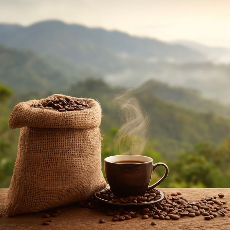 Kaffekop og kaffebønner foran bjergudsigt