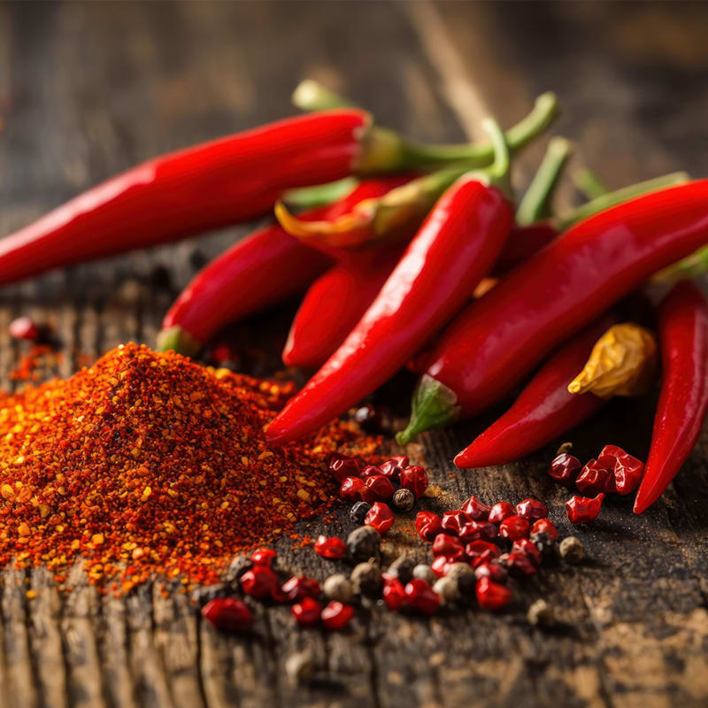 Stødt og friske røde chilier på bord