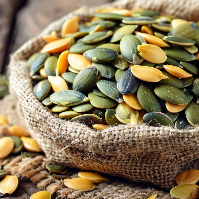 Græskarkerner i pose på bord