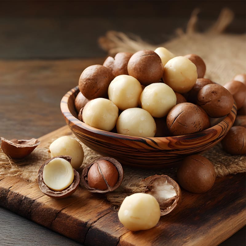 Pillede og hele macadamianødder i skål og på bord