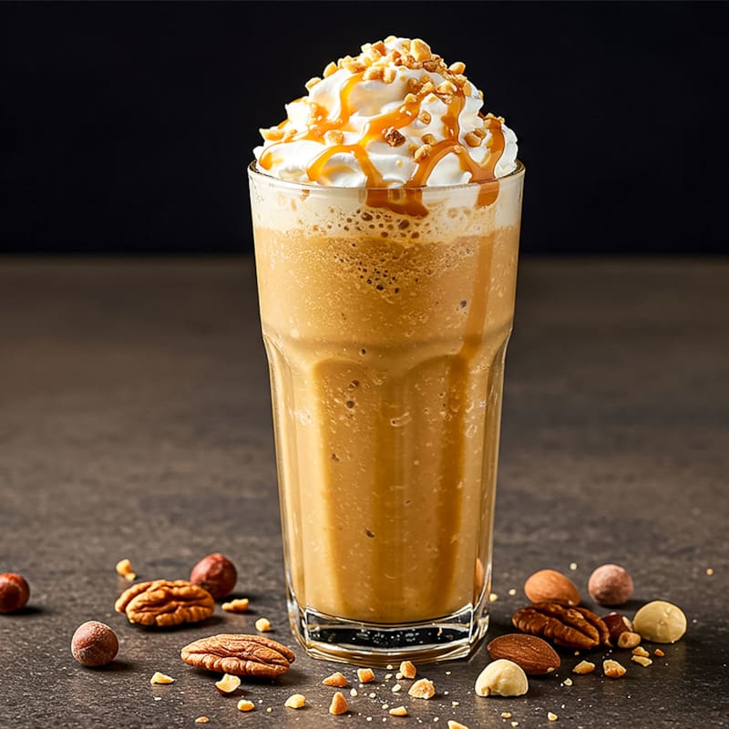 Frappé kaffedrik med flødeskum og karamelsovs på toppen