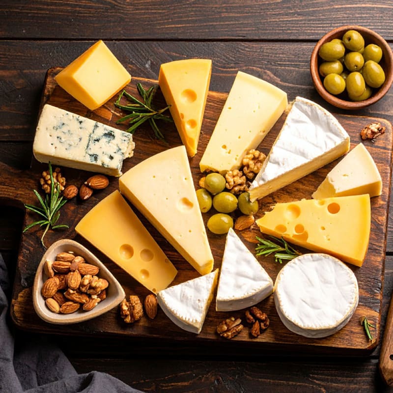 Ostebord på skærebræt med forskellige oste