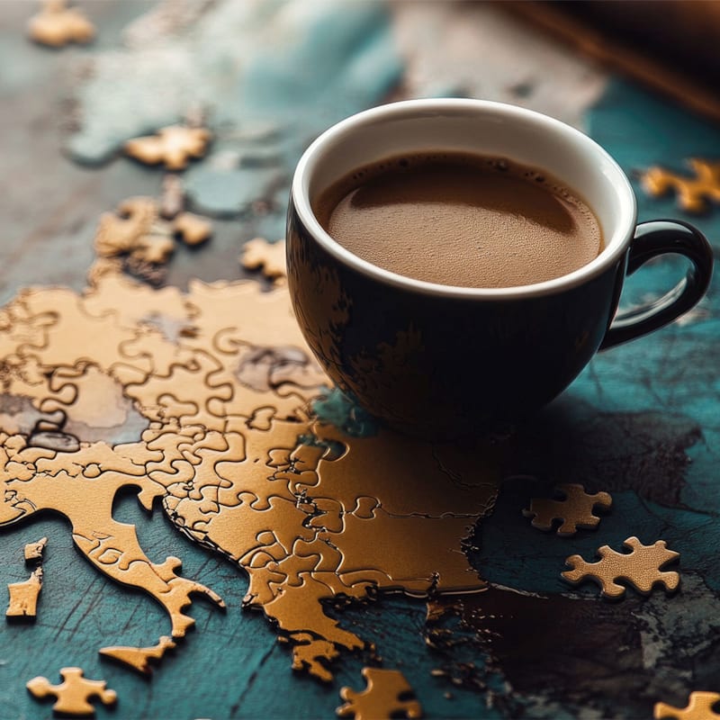 Kaffekop på puslespil af verdenskort