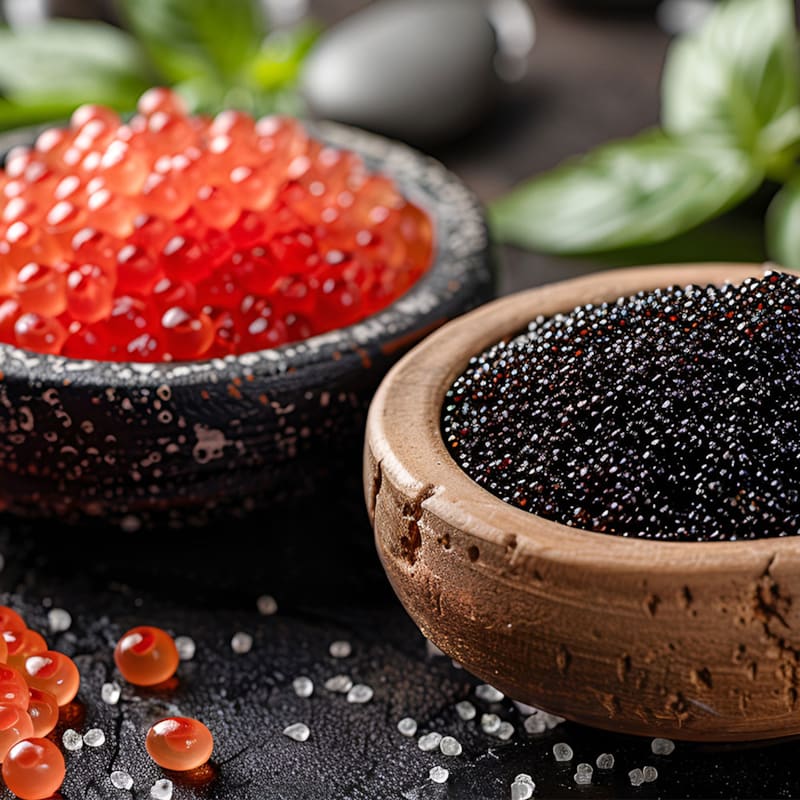 To skåle med rød og sort kaviar