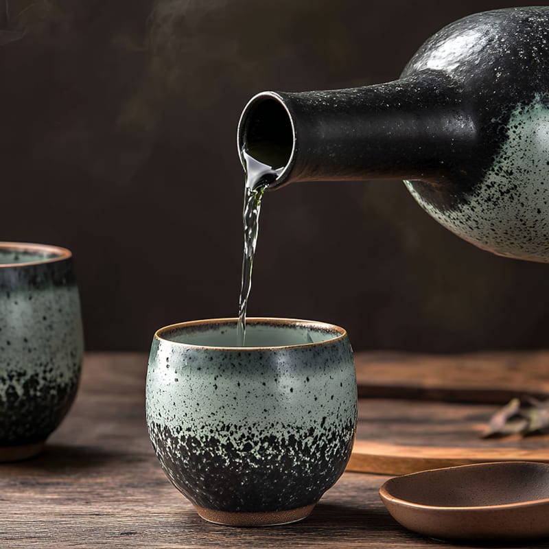 Sake flaske og to kopper