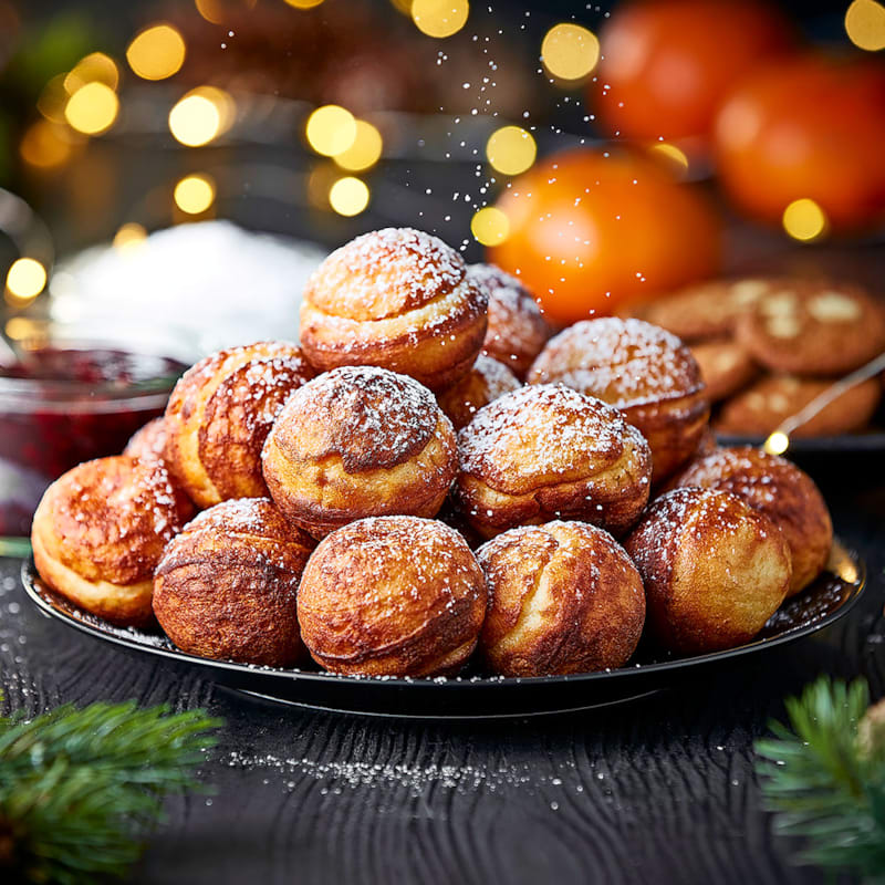 Æbleskiver på fad med flormelis og syltetøj. 