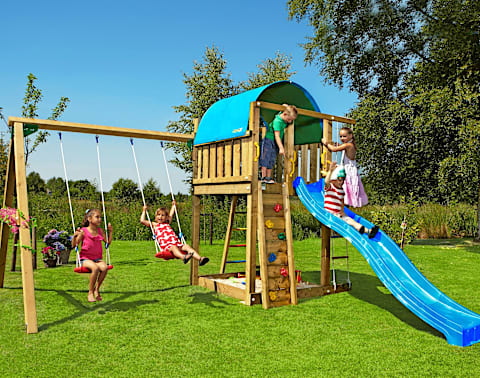 Legetårn fra Jungle Gym til børn med klatrevæg, gynger og rutsjebane